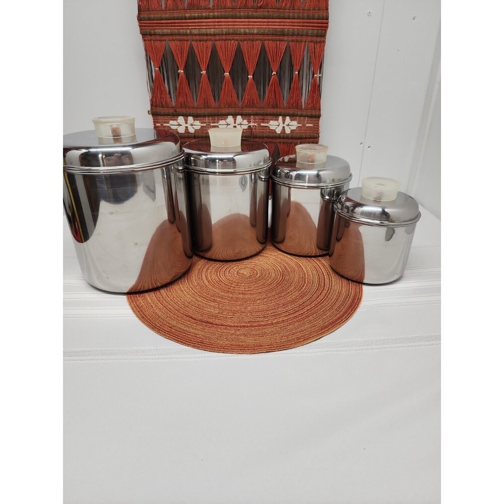 Vintage Revere Ware 1801 Tell-U-Top Nesting Canisters Set Of 4 Lucite Knobs1960s